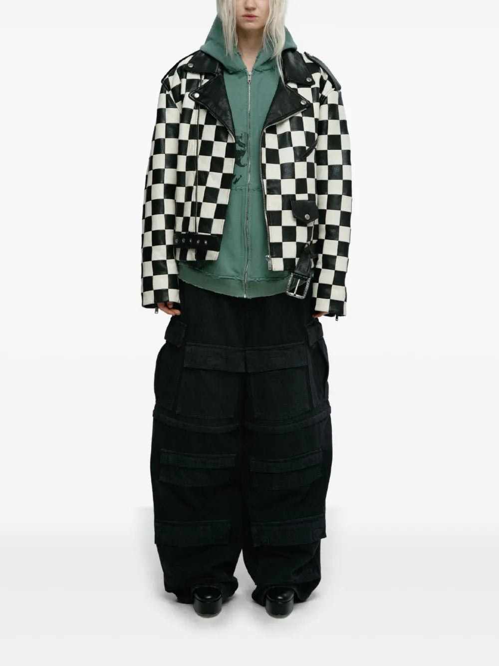 Check-Pattern Biker Jacket
