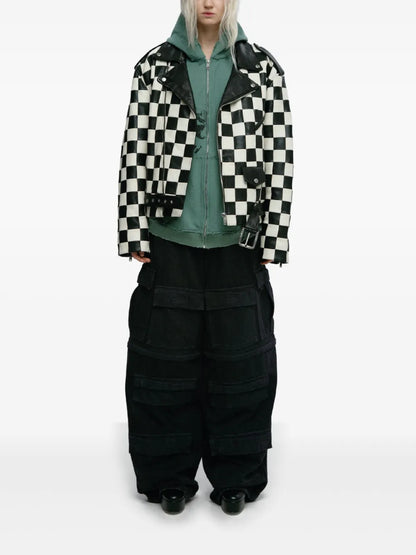 Check-Pattern Biker Jacket
