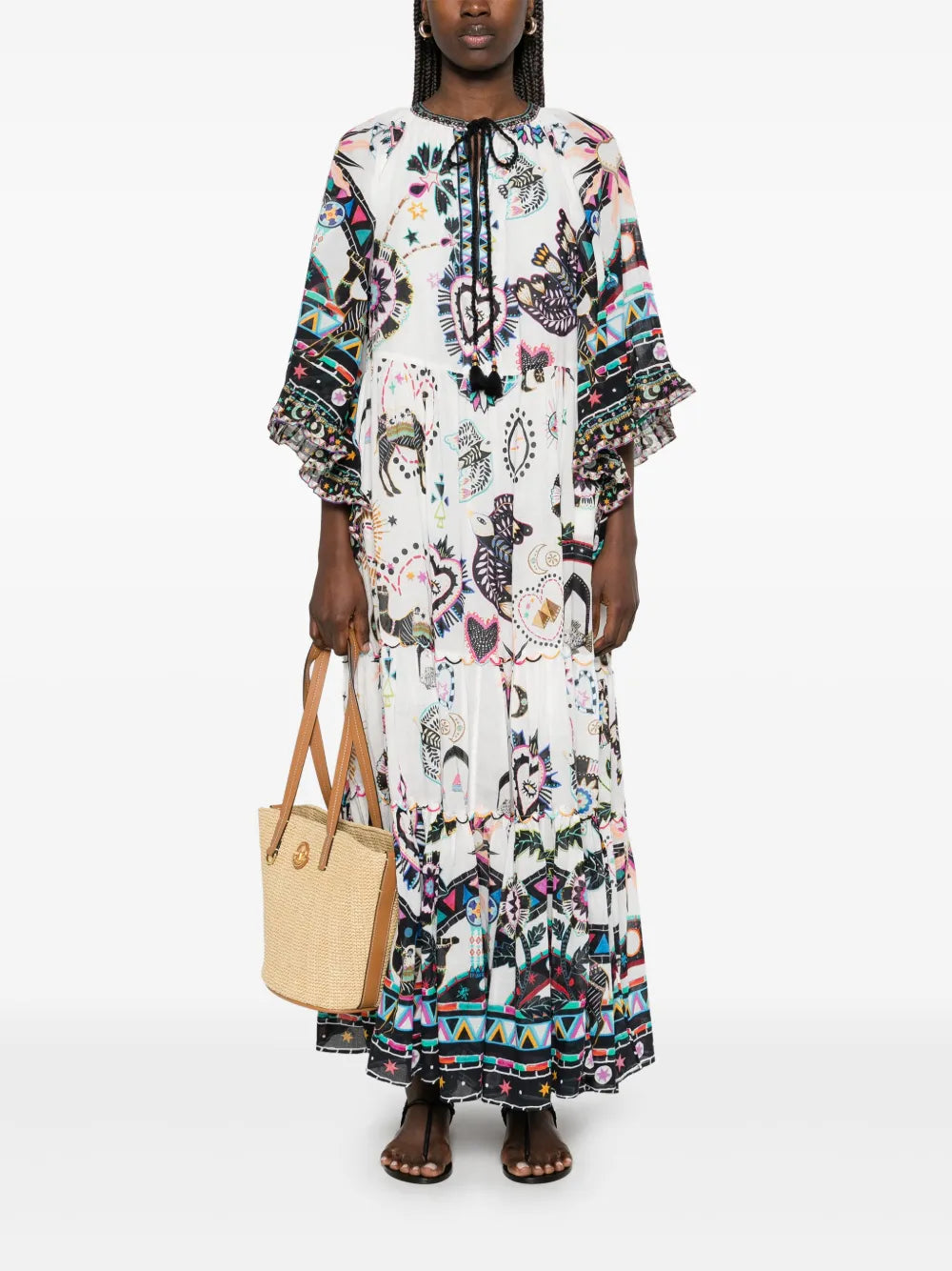 Wide-Sleeve Gathered Maxi Dress