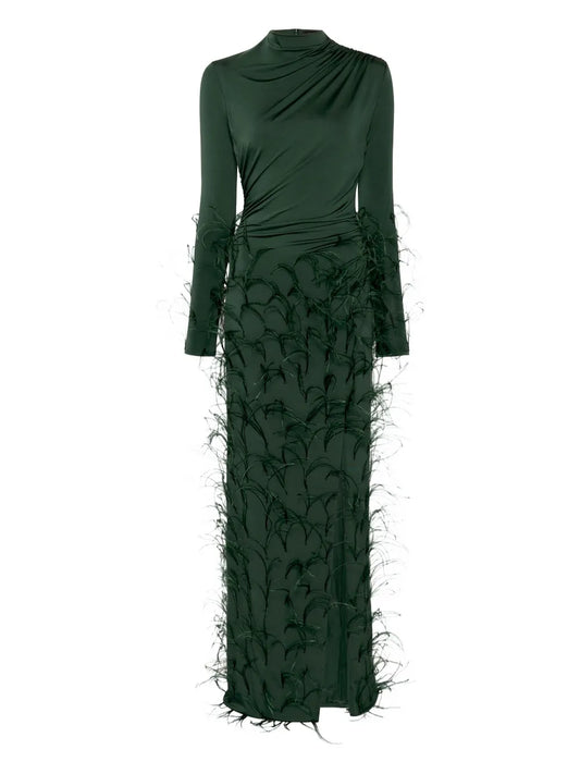 Feathers-Embellished Jersey Maxi Dress
