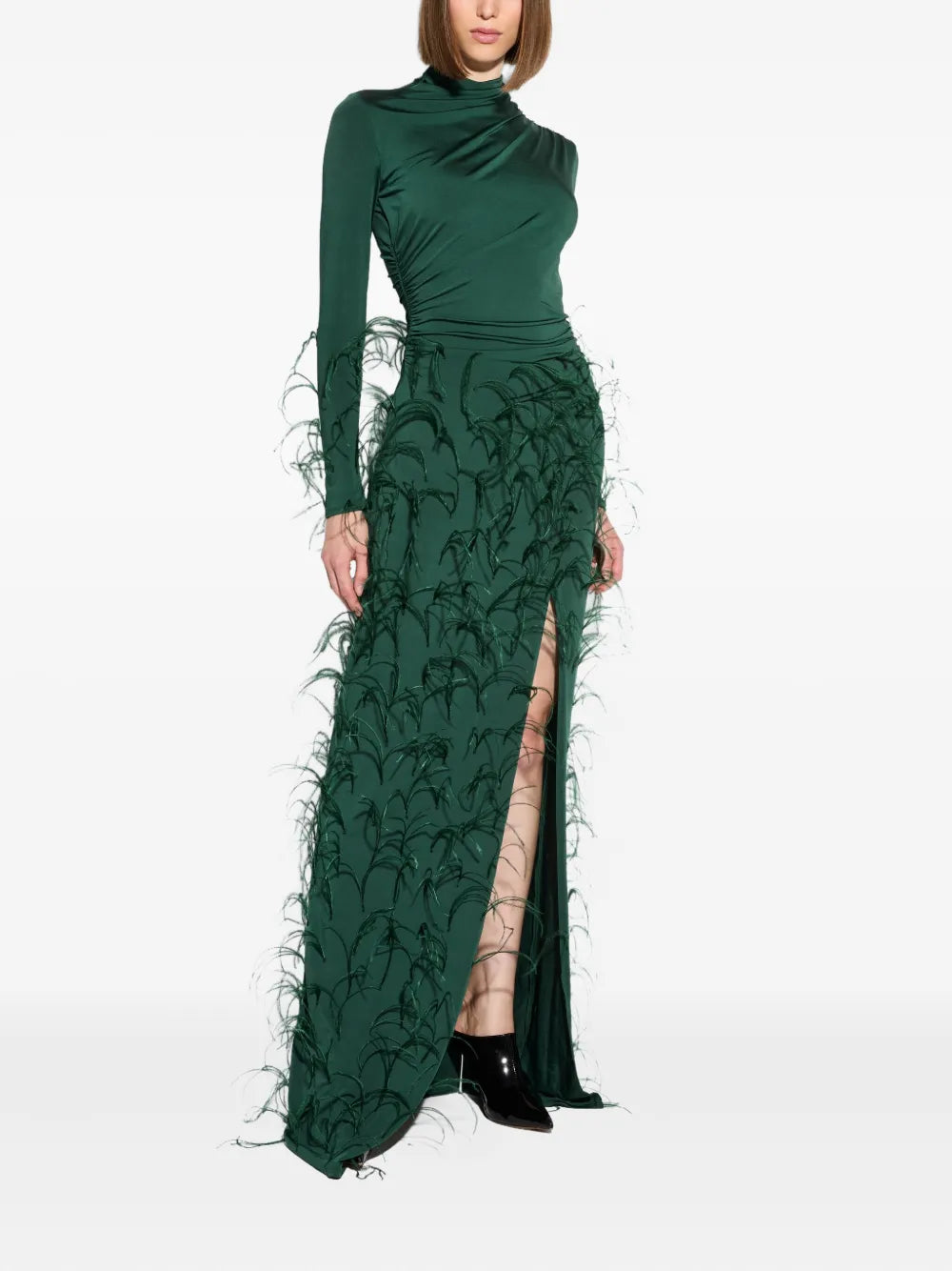 Feathers-Embellished Jersey Maxi Dress