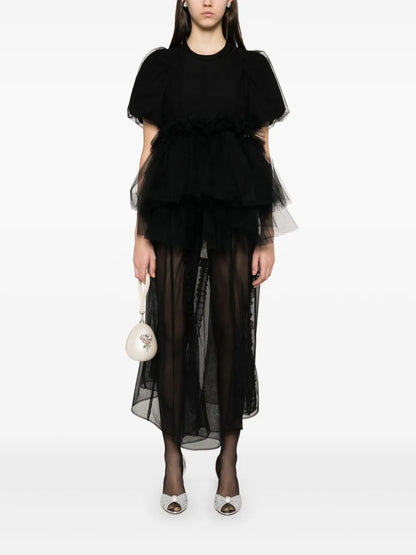 Tulle Overlay Puff Sleeve T-Shirt