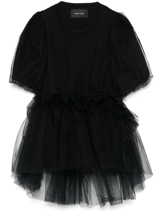 Tulle Overlay Puff Sleeve T-Shirt