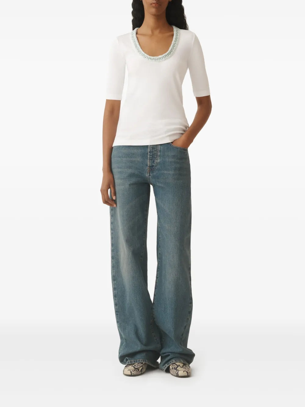Embroidered-Neck Top