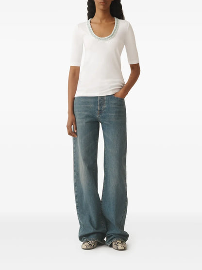Embroidered-Neck Top