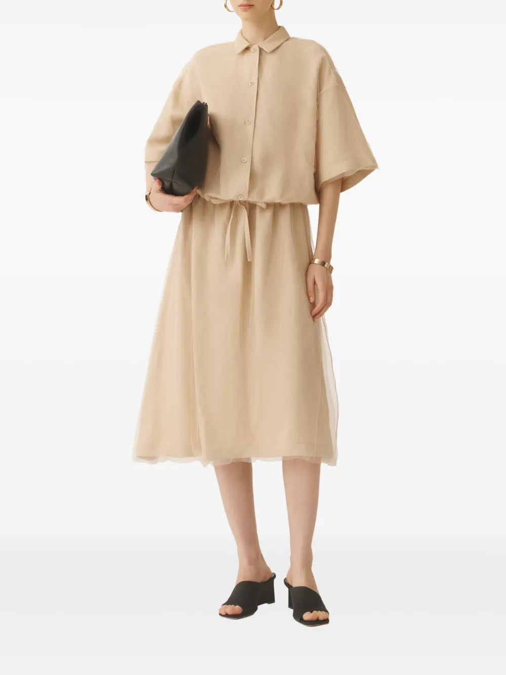 Tulle-Overlay Midi Skirt