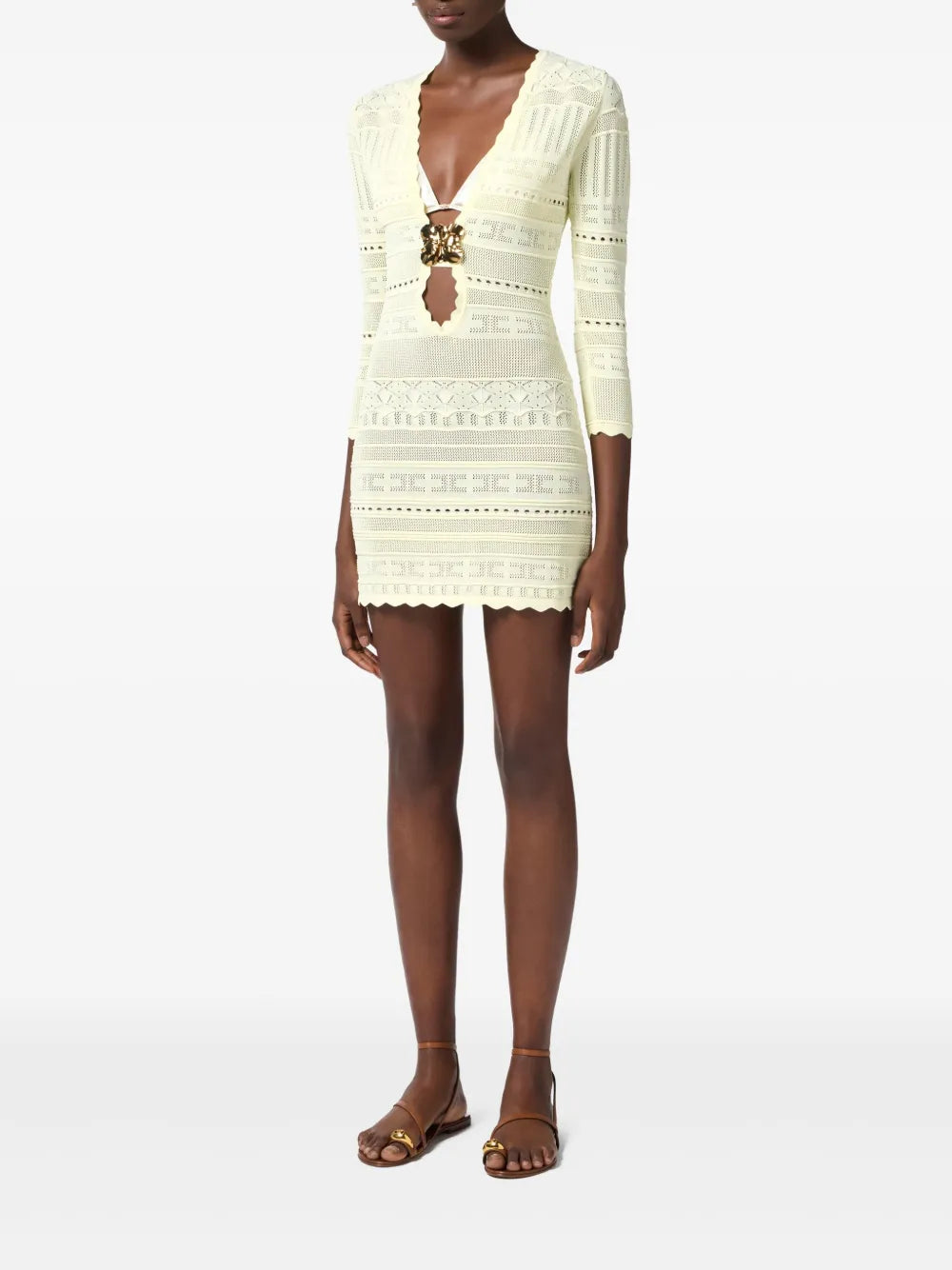Brooch-Detail Open-Knit Dress