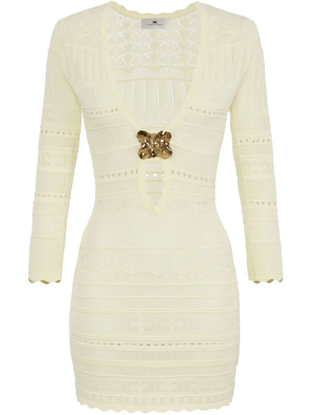 Brooch-Detail Open-Knit Dress