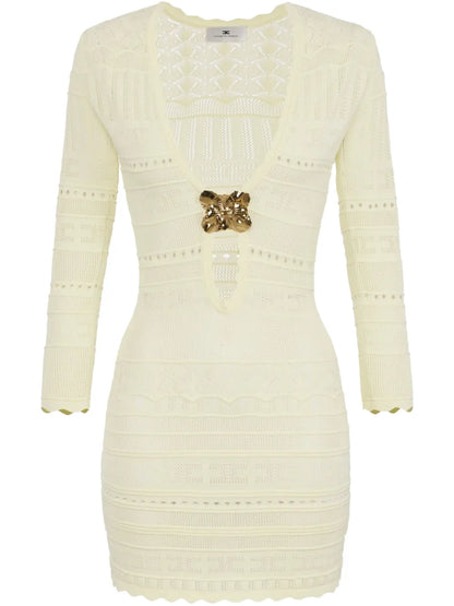 Brooch-Detail Open-Knit Dress