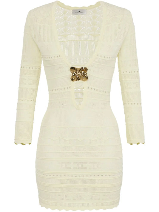 Brooch-Detail Open-Knit Dress