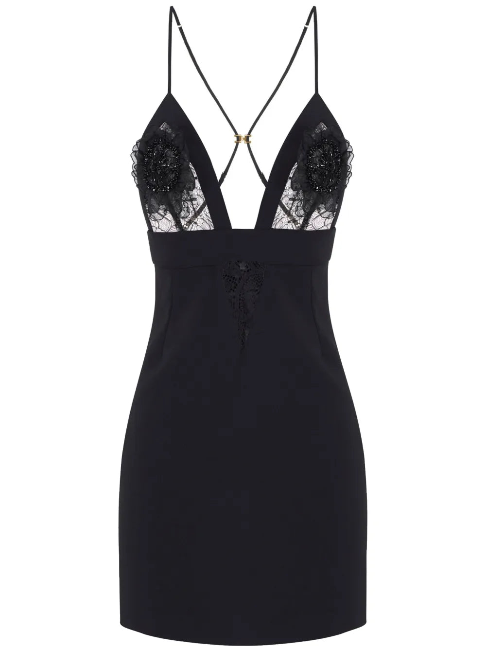 Floral-Appliqué Lace-Detail Mini Dress
