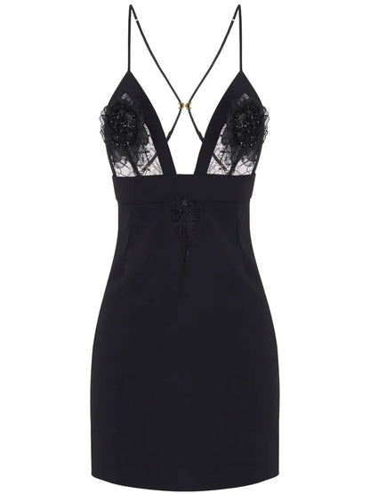 Floral-Appliqué Lace-Detail Mini Dress