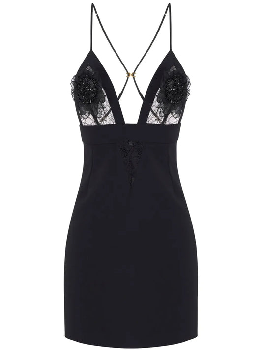 Floral-Appliqué Lace-Detail Mini Dress