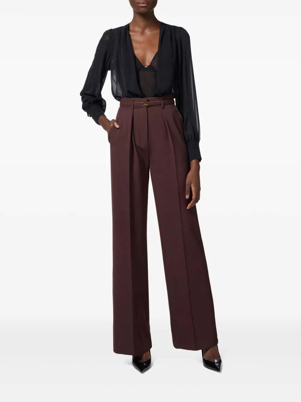 Contrast-Topstitching Wool Straight Trousers