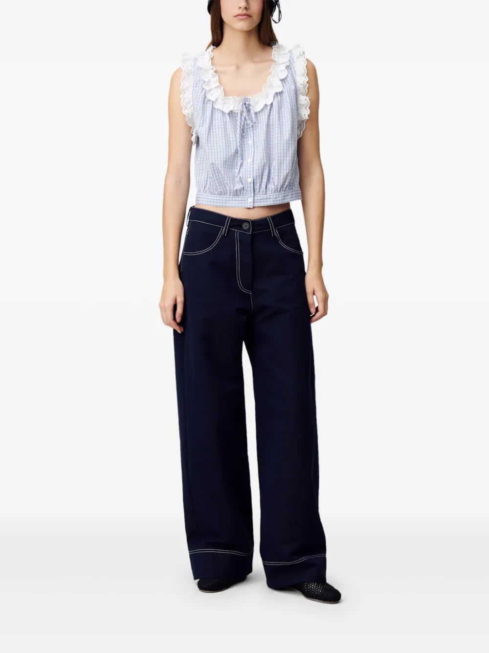 Checkered Lace-Trim Top