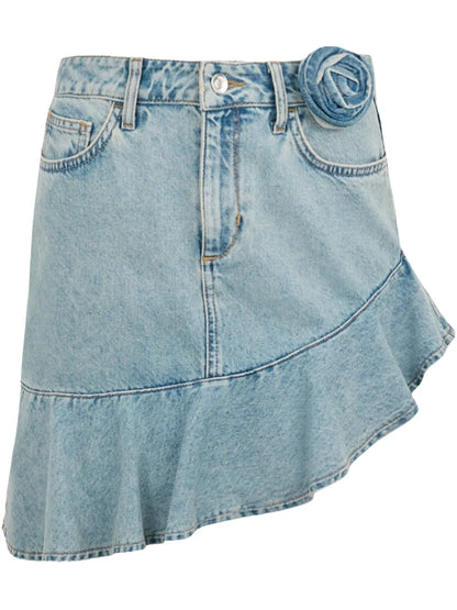 Rose-Appliqué Denim Skirt