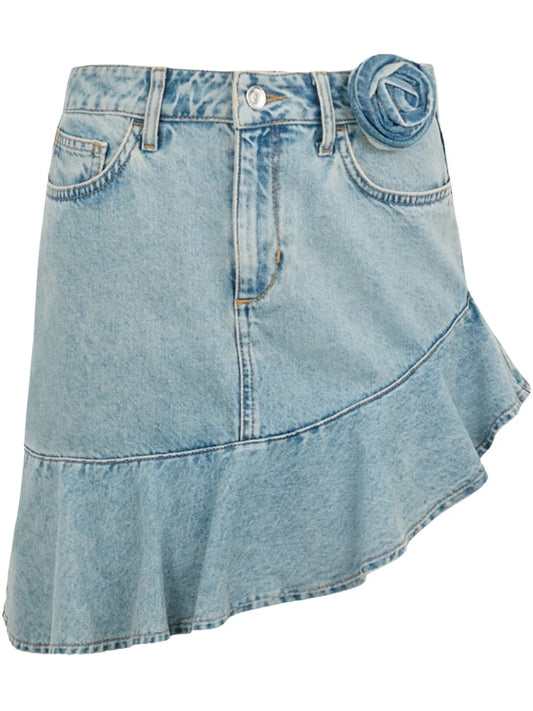 Rose-Appliqué Denim Skirt