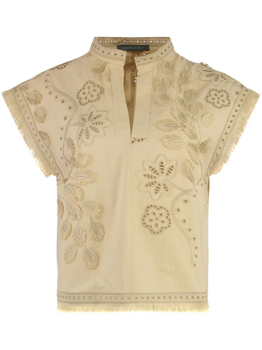Embroidered Fringe-Edge Top