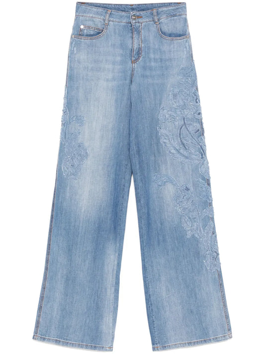 Floral-Appliqué Jeans