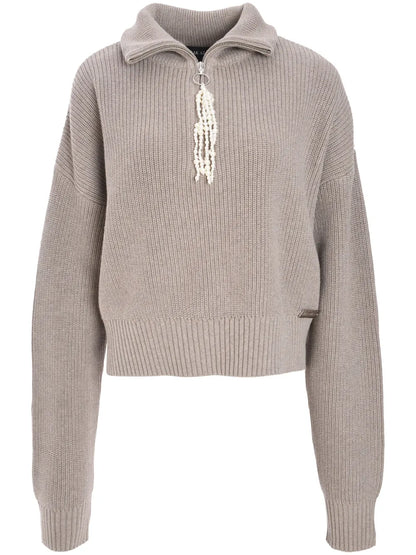 Tassel-Detail Zip-Up Sweater