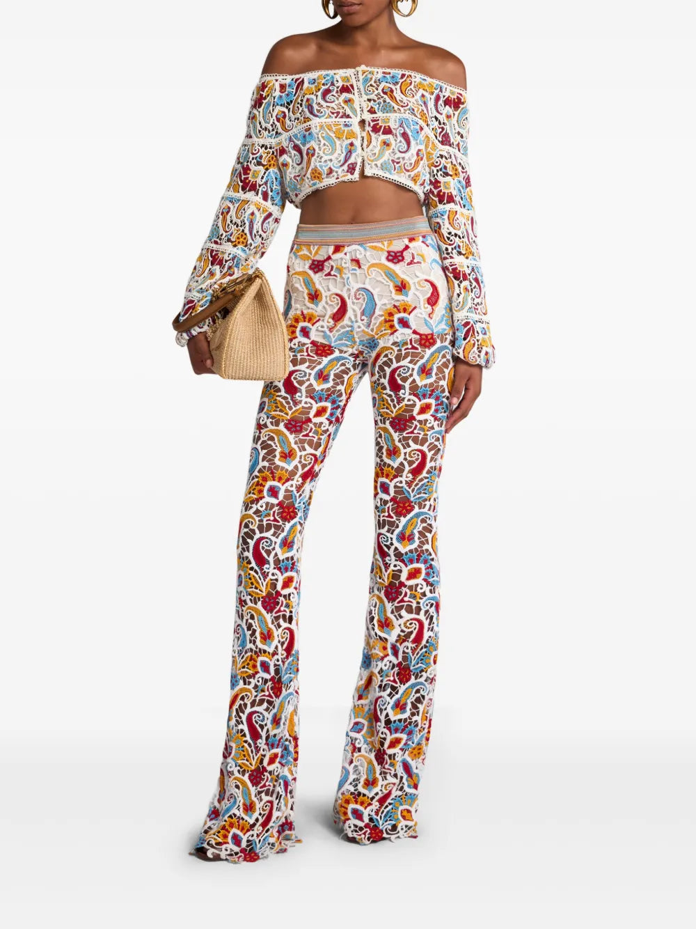 Paisley-Macramé Flared Trousers