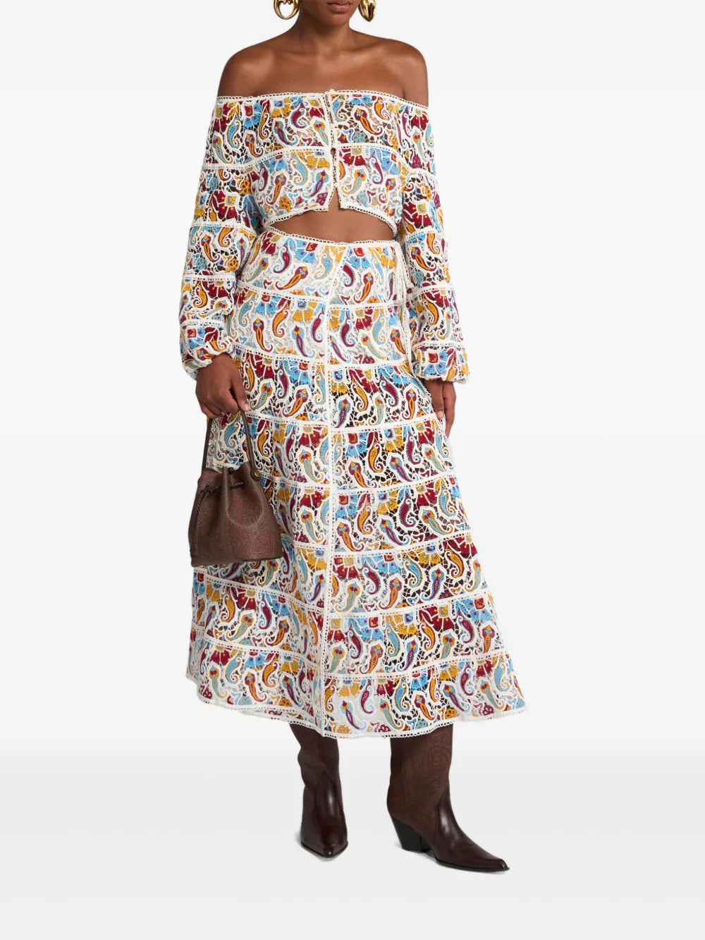 Paisley-Macramé Midi Skirt
