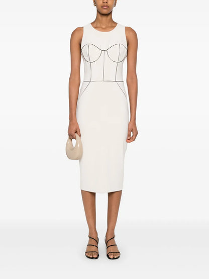 Contrasting-Piping Crepe Midi Dress