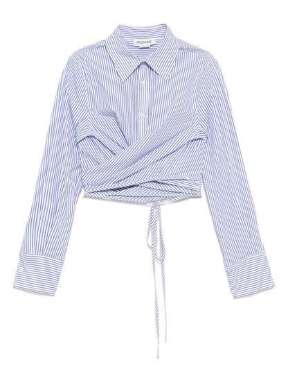 Striped Long-Sleeved Wrap Cropped Shirt