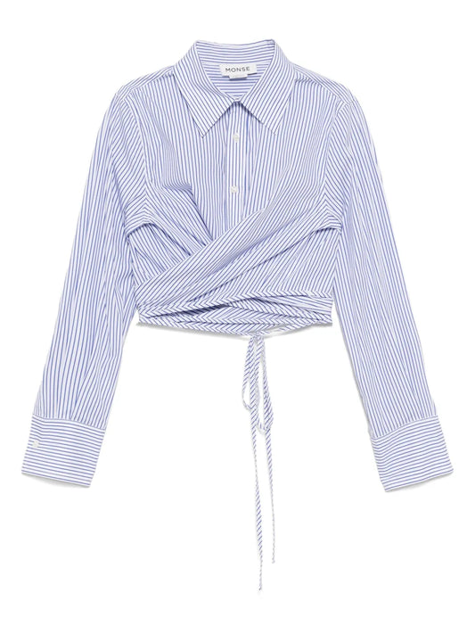 Striped Long-Sleeved Wrap Cropped Shirt