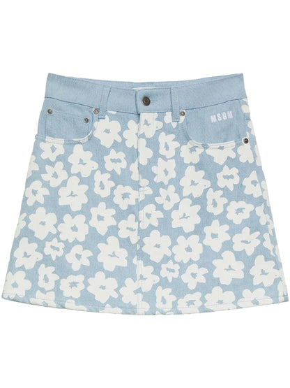 Floral-Print Denim Skirt