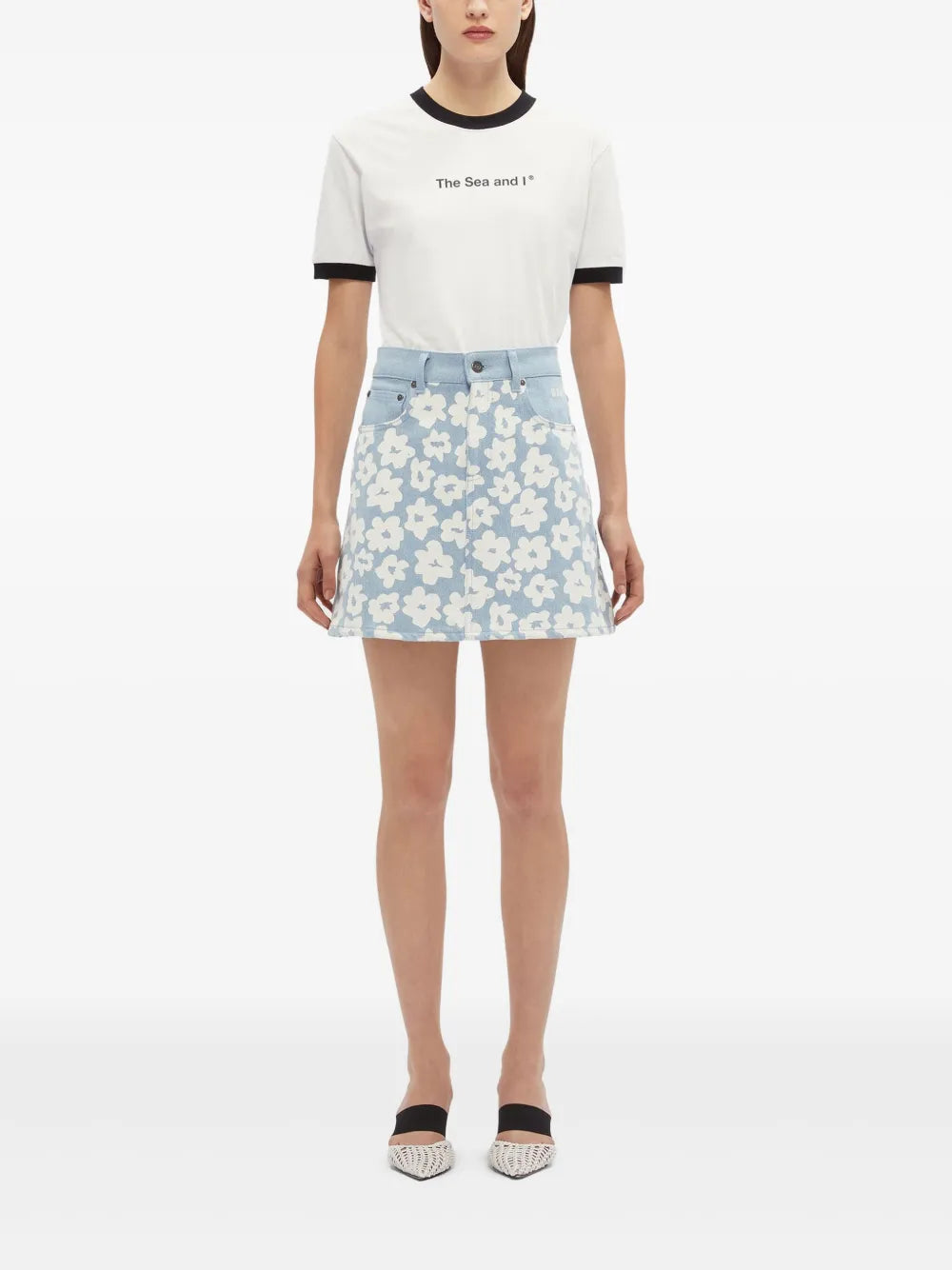 Floral-Print Denim Skirt