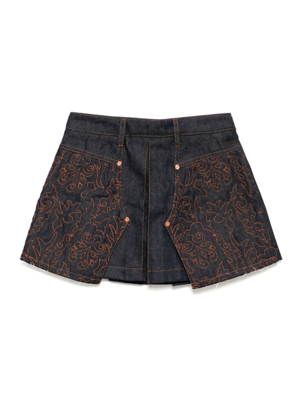 Embroidered Panelled Pleated Denim Skirt