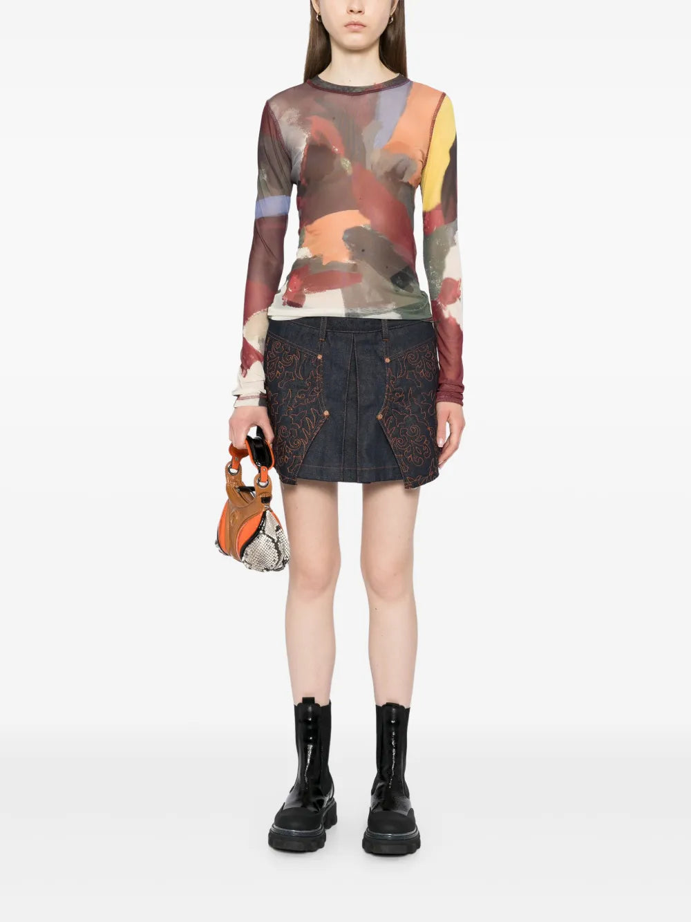 Embroidered Panelled Pleated Denim Skirt