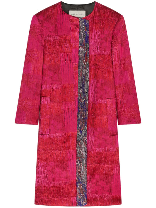 Patterned-Jacquard Collarless Coat