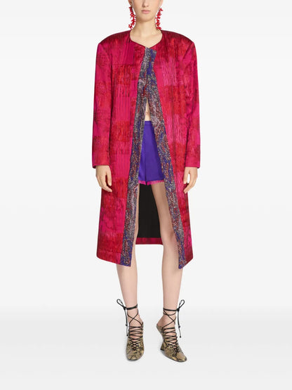 Patterned-Jacquard Collarless Coat