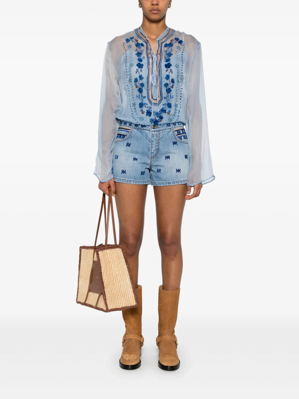 Motif-Embroidered Chiffon Blouse