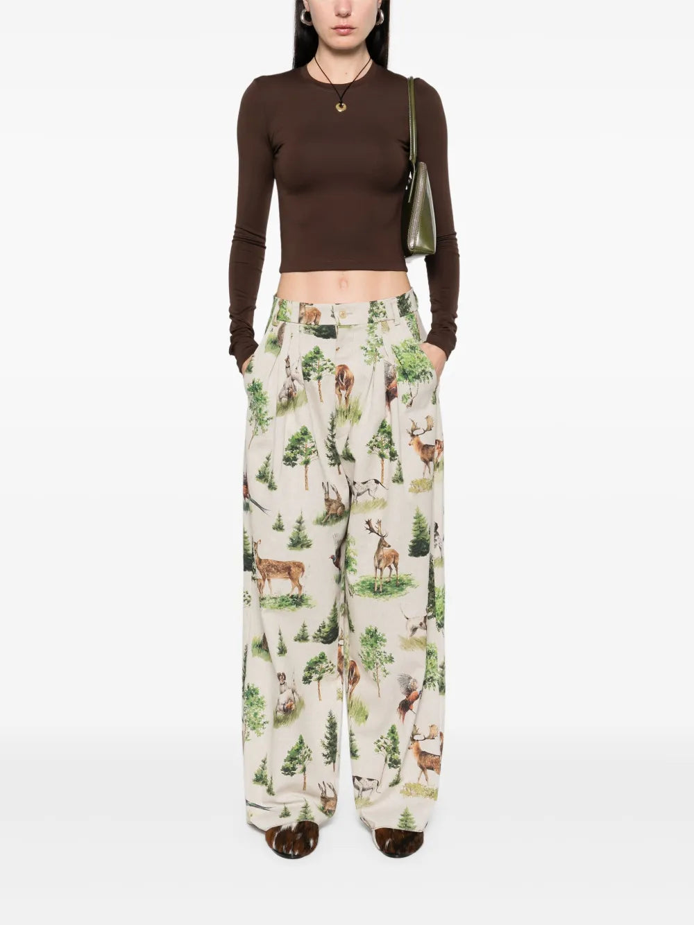 Forest Animals-Print Pleated Trousers