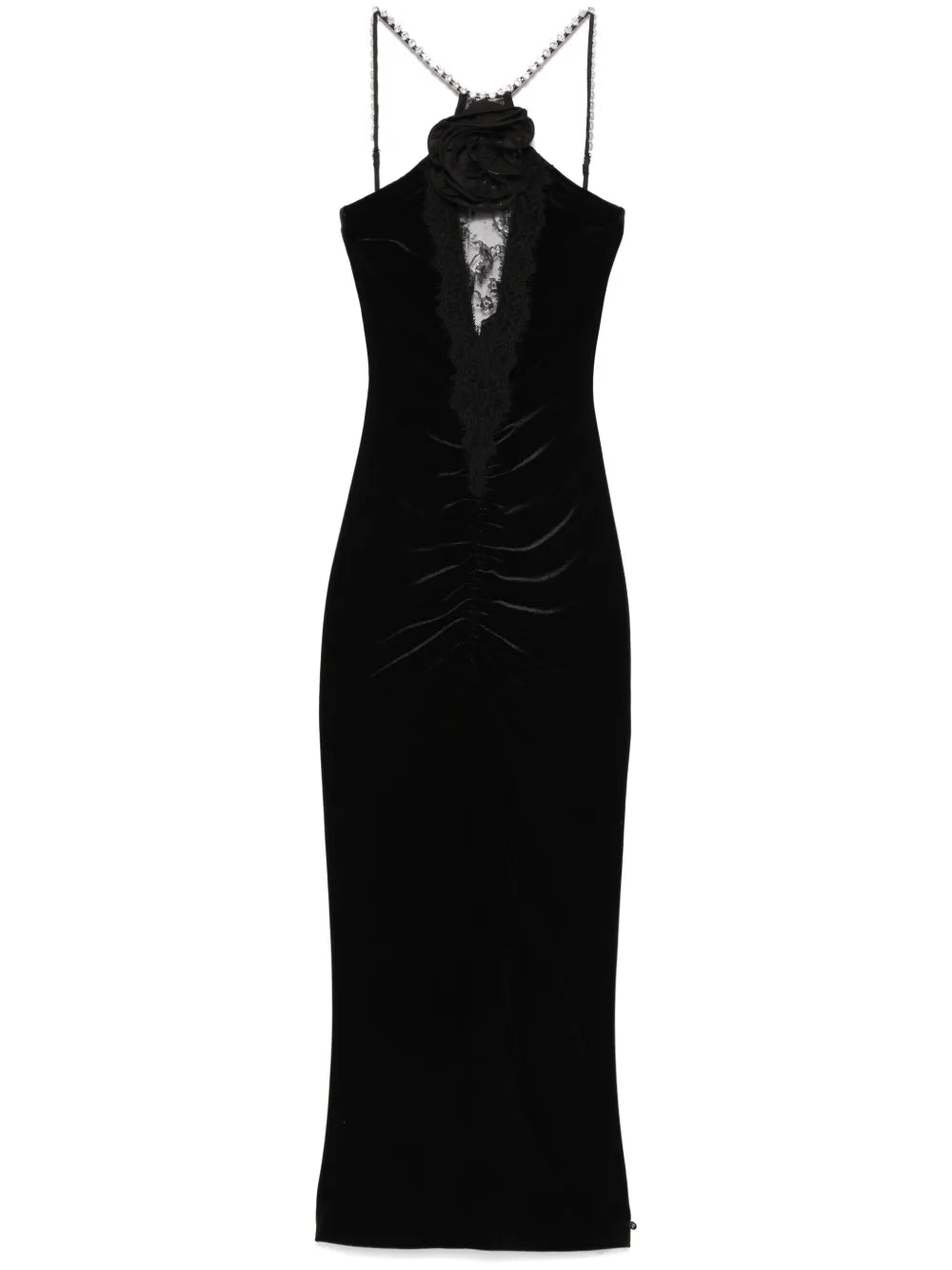 Floral-Appliqué Velvet Midi Dress