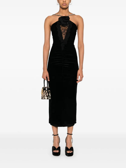 Floral-Appliqué Velvet Midi Dress
