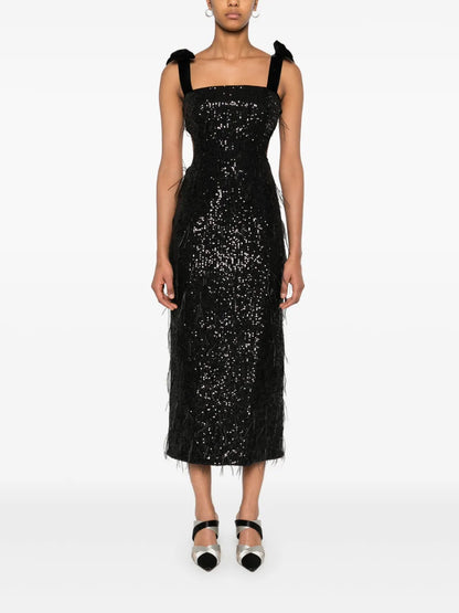 Feather-Detailing Sequinned Midi Dress