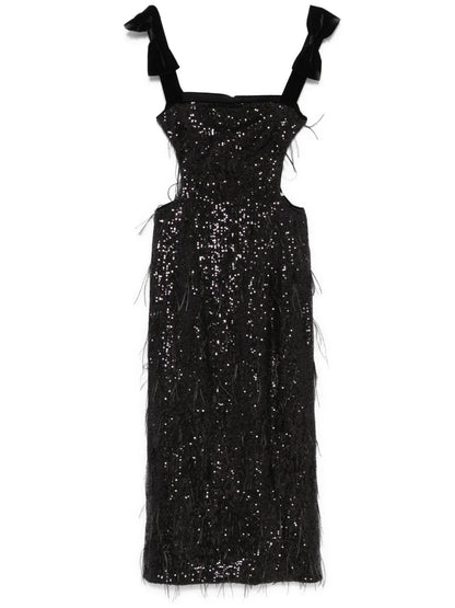Feather-Detailing Sequinned Midi Dress