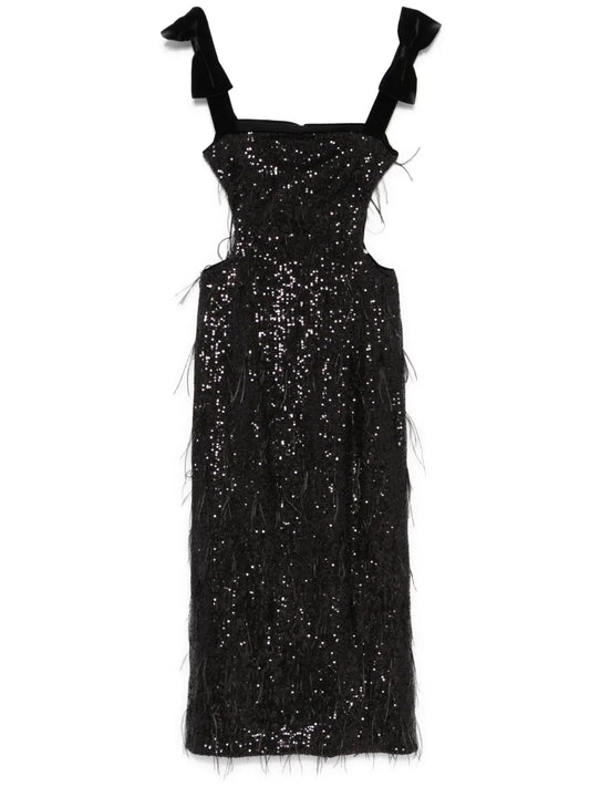 Feather-Detailing Sequinned Midi Dress