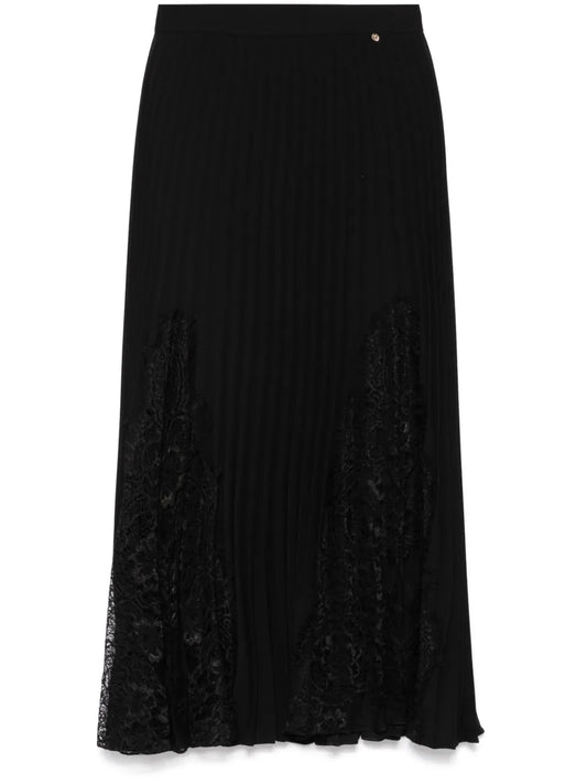 Lace-Insert Pleated Midi Skirt