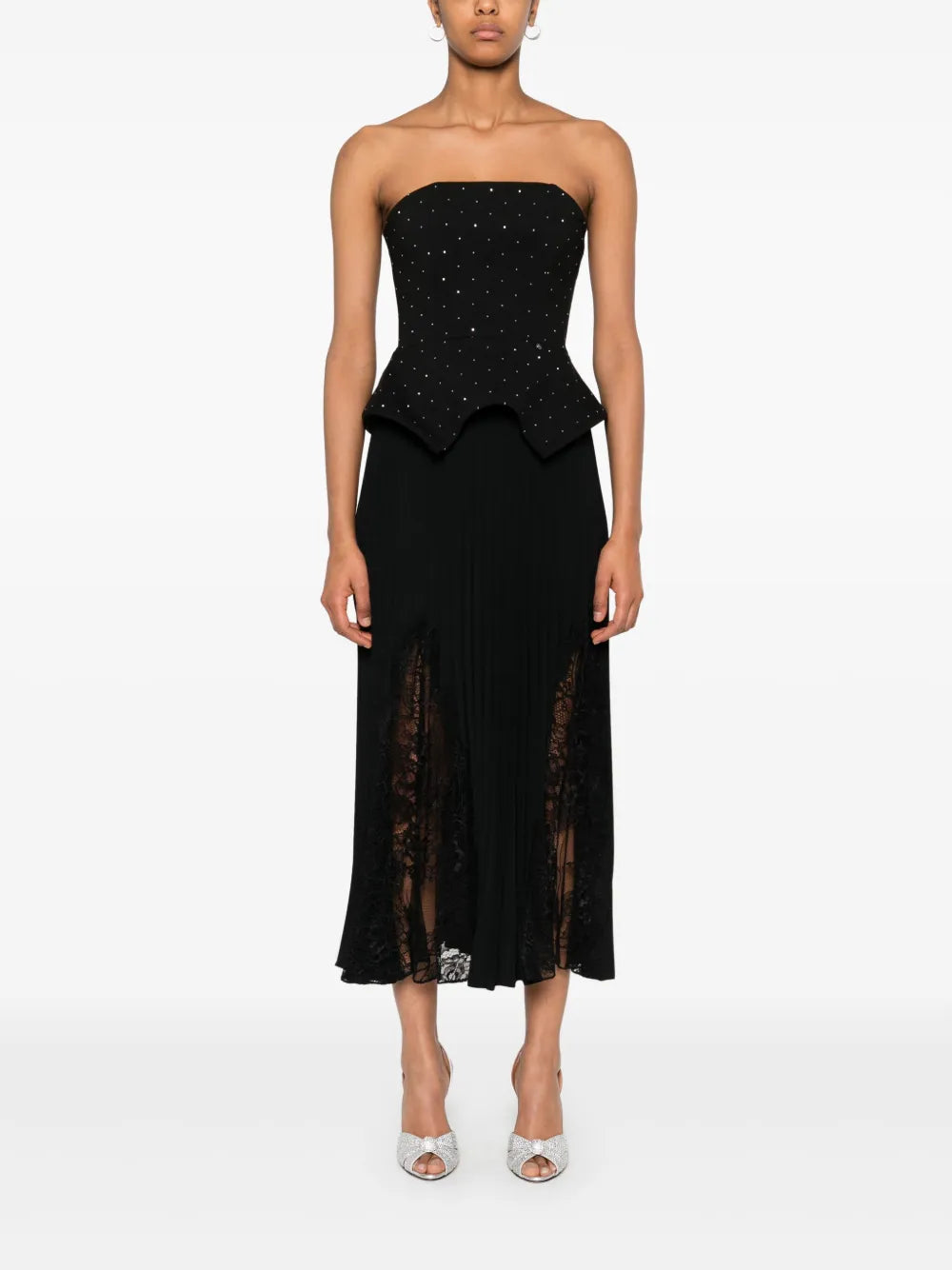 Lace-Insert Pleated Midi Skirt