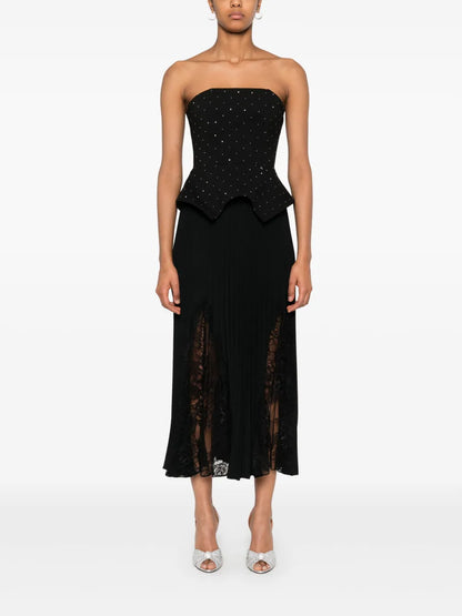 Lace-Insert Pleated Midi Skirt