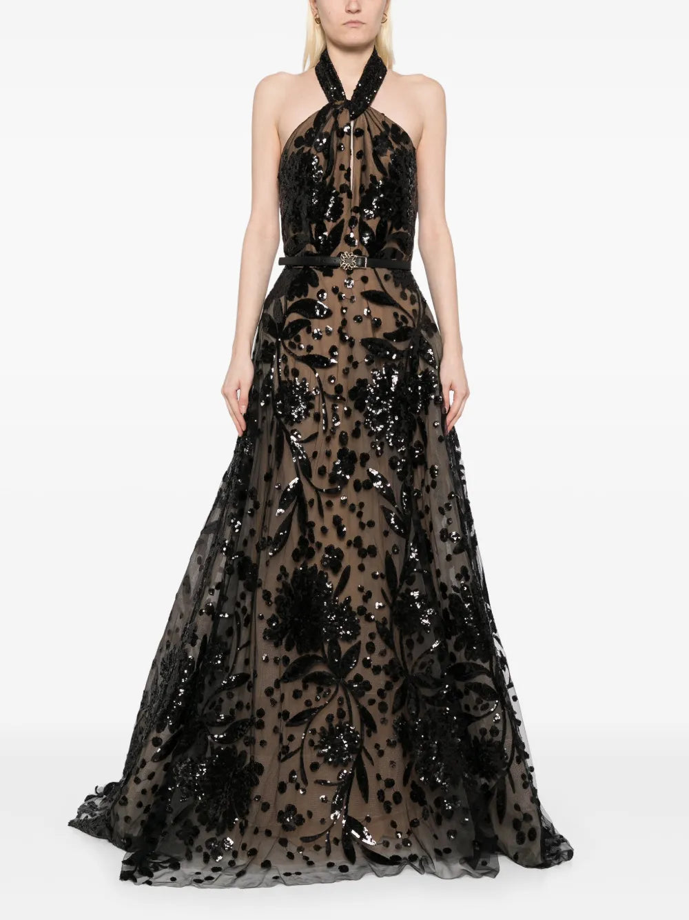 Embroidered Halter Gown