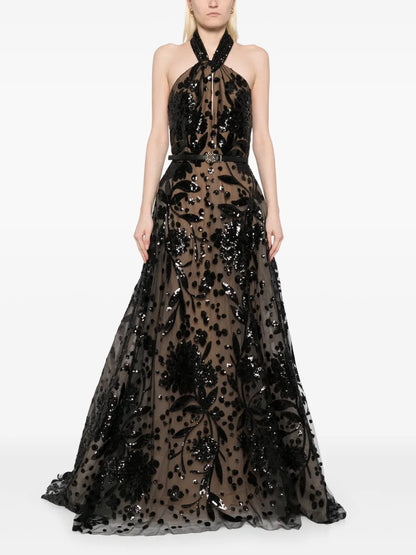 Embroidered Halter Gown