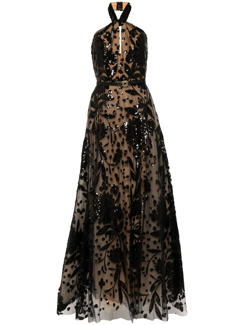 Embroidered Halter Gown