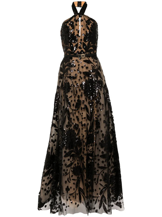 Embroidered Halter Gown