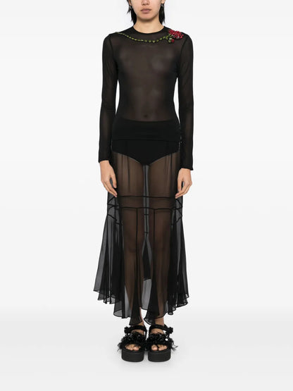 Carnation-Embellished Mesh Top